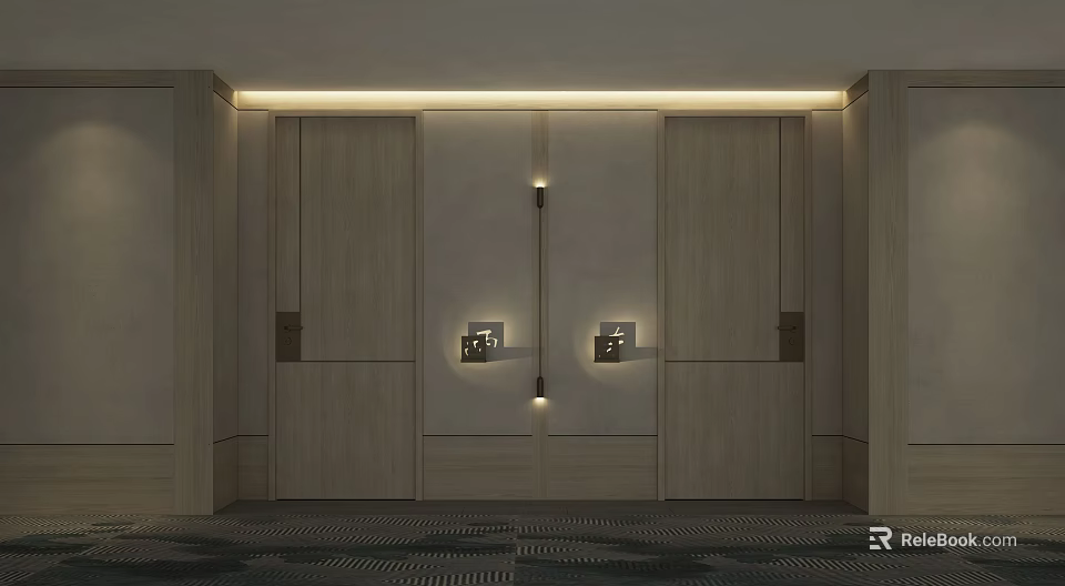 Modern Elevator Lobby Design With Wooden Panel Walls And Recessed Lighting 3d model