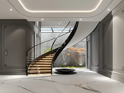 Modern Lobby Interior Design With Spiral Staircase Marble Floor Glass Skylight And Green Plant 3d model