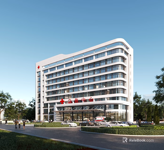 Modern White Multi Story Hospital Building With Glass Facade Red Medical Signage And Greenery 3d model 