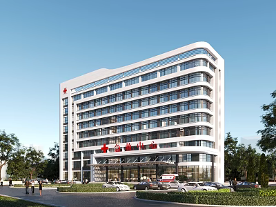 Modern White Multi Story Hospital Building With Glass Facade Red Medical Signage And Greenery 3d model