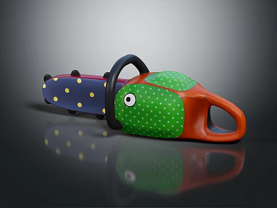 Colorful Chainsaw With Blue Green Orange Body Yellow Polka Dots And Black Handle Chain 3d model