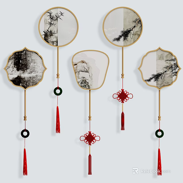 Traditional Chinese Hanging Pendants Fan Shaped With Ink Painting Tassels And Chinese Knots 3d model 
