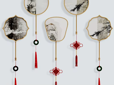 Traditional Chinese Hanging Pendants Fan Shaped With Ink Painting Tassels And Chinese Knots 3d model