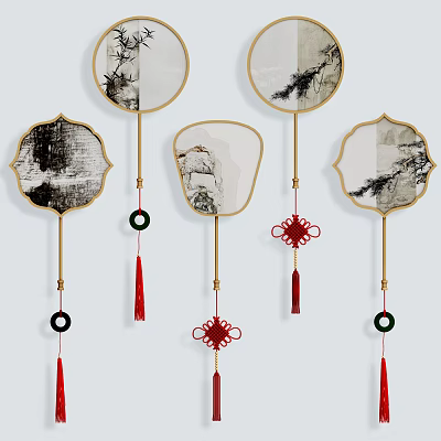 Traditional Chinese Hanging Pendants Fan Shaped With Ink Painting Tassels And Chinese Knots 3d model
