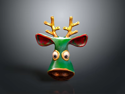 Green Deer Head Decorative Ornament With Gold Antlers Red Ears And Big Eyes 3d model