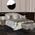 Modern Bedroom Interior With Round Mountain Artwork Bedside Lamps Footstool And Wooden Floor Rug