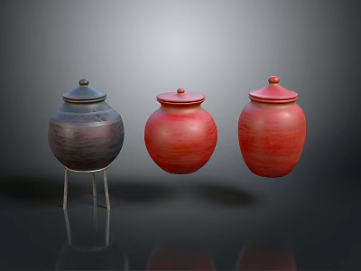 Three Decorative Ceramic Storage Jars With Colored Lids For Home Living Supplies 3d model