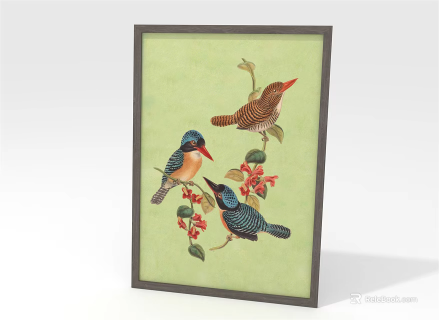 Framed Animal Painting Featuring Three Colorful Birds Red Flowers Green Background 3d model 