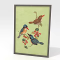 Framed Animal Painting Featuring Three Colorful Birds Red Flowers Green Background