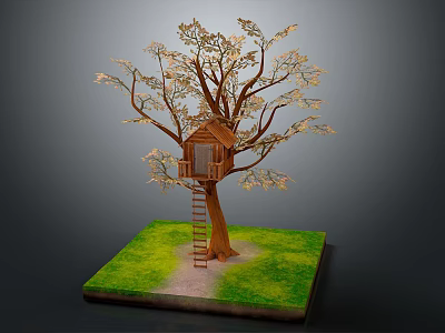 Small Wooden Treehouse On Tree Trunk With Ladder And Green Grass Surface 3d model