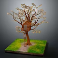 Small Wooden Treehouse On Tree Trunk With Ladder And Green Grass Surface