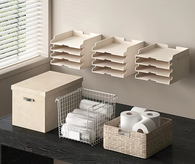 Wicker Storage Baskets With Wire Mesh Containers And Wall Mounted Organizers For Toilet Paper Rolls 3d model