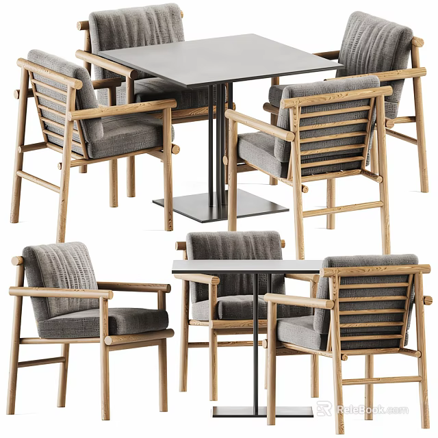Modern Wooden Dining Table and Chair Set with Comfortable Gray Cushions 3d model 
