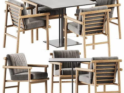 Modern Wooden Dining Table and Chair Set with Comfortable Gray Cushions 3d model