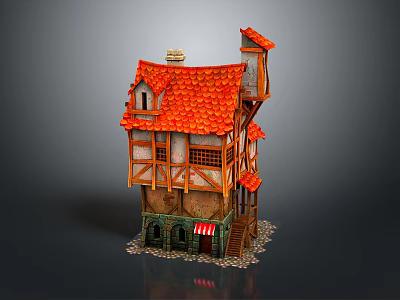 Traditional Wooden House With Red Roof Multi Story Design Decorative Windows And Balcony Steps 3d model
