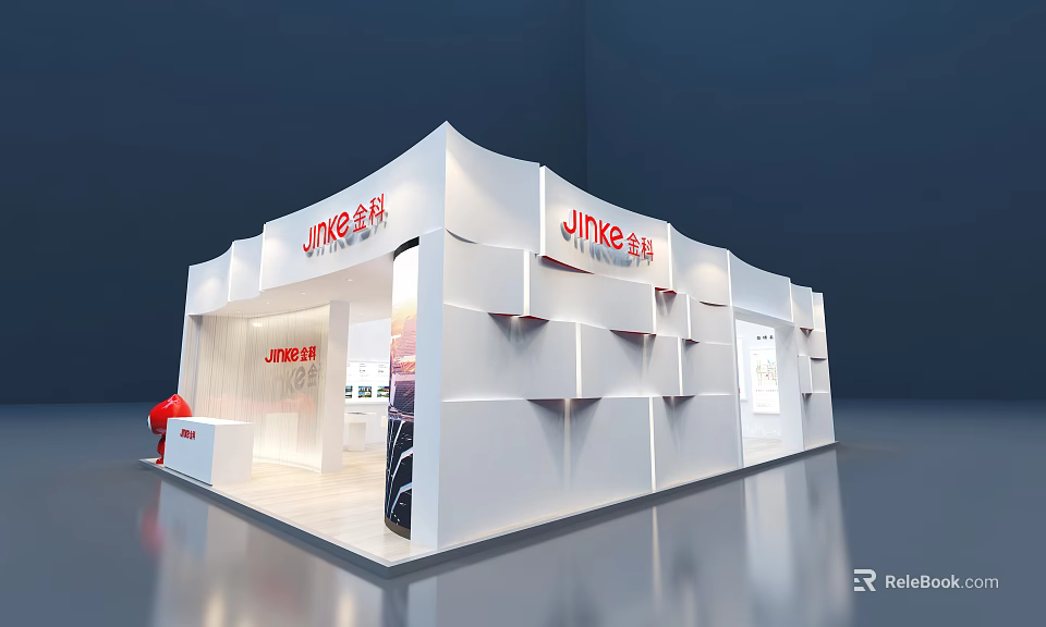 Jinke Modern White Exhibition Booth Featuring Stylish Structure And Display Areas 3d model 