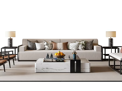 Modern Living Room Beige Sofa With Colorful Pillows And Marble Coffee Table Set 3d model