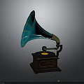 Vintage Electronic Gramophone With Green Horn Golden Parts Black Base And Turntable