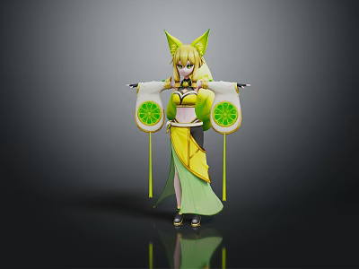 Game And Movie Character With Yellow Fox Ears Elegant Green Yellow Outfit Holding Circular Items 3d model
