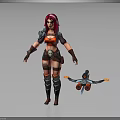 Red-haired Female Warrior in Armor with Skull Patterned Attire and Mechanical Winged Creature 3d model