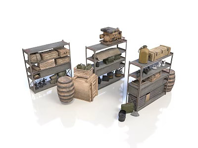 Military Storage Shelves With Wooden Crates Ammo Boxes And Barrels 3d model