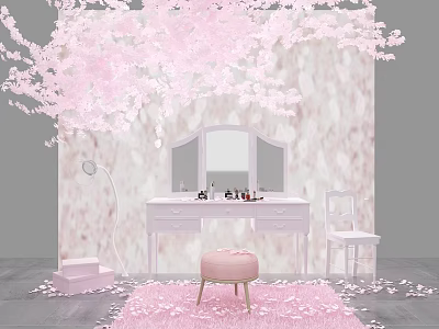Pink Cherry Blossom Decorated Room With Dressing Table Mirror Stool And Pink Rug 3d model