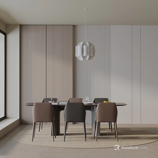 Modern Dining Table Set With Light Wood Chairs Striped Wall And White Pendant Light 3d model 