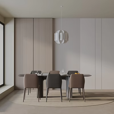 Modern Dining Table Set With Light Wood Chairs Striped Wall And White Pendant Light 3d model