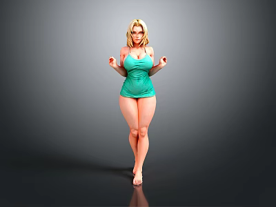 Blonde Woman In Teal Swimsuit Standing Barefoot With Hands Raised Against Grey Background 3d model