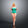 Blonde Woman In Teal Swimsuit Standing Barefoot With Hands Raised Against Grey Background