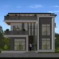 Modern Detached Villa Exterior With Large Windows Balconies Greenery And Car