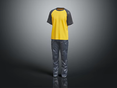Trendy Yellow Black Short Sleeve T Shirt With Dark Gray Cargo Pants Outfit 3d model