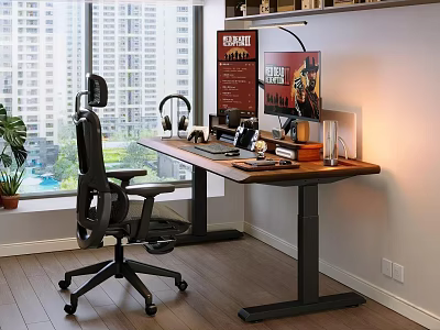 Height Adjustable Solid Wood Standing Desk With Gaming Setup And Ergonomic Chair By Large Window 3d model