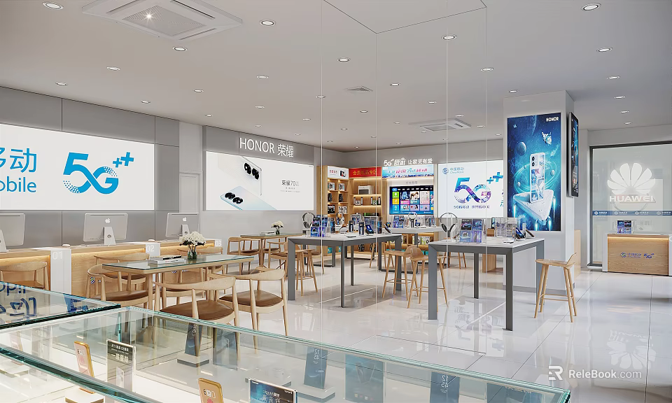 Bright Modern Digital Store Interior With HONOR Displays Electronic Gadgets And Display Counters 3d model 