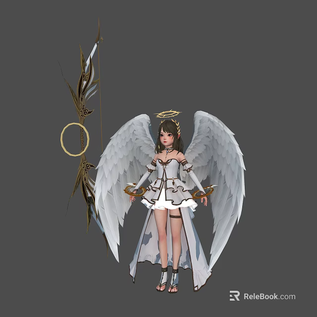 Fantasy Angel Character With White Wings Halo Feathered Bow And Decorative Outfit 3d model 