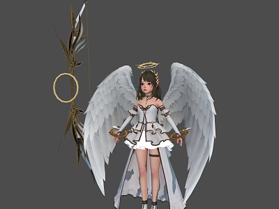 Fantasy Angel Character With White Wings Halo Feathered Bow And Decorative Outfit 3d model