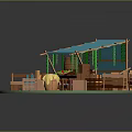 Rustic Market Stall Structure With Blue Roof Wooden Barrels Yellow Umbrellas And Shelves