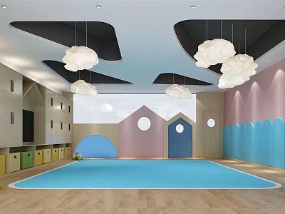 School Indoor Play Area With Cloud Shaped Pendant Lights Colorful Storage Cabinets And Blue Mat 3d model