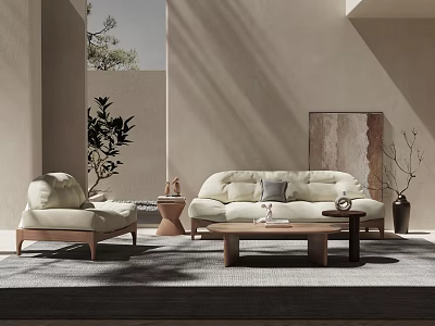 Modern Living Room Interior With Beige Sofa Armchair Coffee Table And Potted Plant Rug 3d model