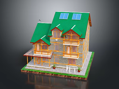Cartoon Style Wooden House with Green Roof Solar Panels Balconies Small Plants and White Fence 3d model