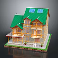 Cartoon Style Wooden House with Green Roof Solar Panels Balconies Small Plants and White Fence