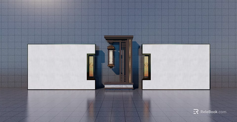 Modern Feature Wall with Dark Tile Background Central Door Side Wall Lamps and White Walls 3d model 