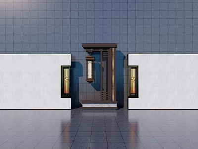 Modern Feature Wall with Dark Tile Background Central Door Side Wall Lamps and White Walls 3d model