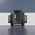 Modern Feature Wall with Dark Tile Background Central Door Side Wall Lamps and White Walls