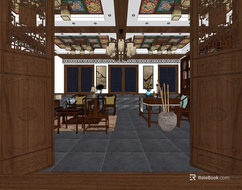 Chinese Style Hotel Public Lounge Area With Wooden Decor Traditional Lanterns And Carved Partitions 3d model 