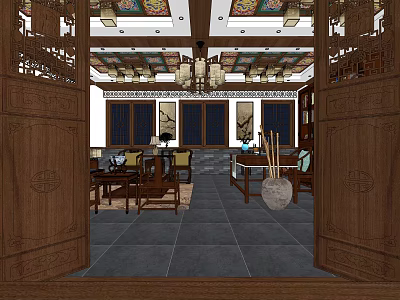Chinese Style Hotel Public Lounge Area With Wooden Decor Traditional Lanterns And Carved Partitions 3d model