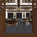 Chinese Style Hotel Public Lounge Area With Wooden Decor Traditional Lanterns And Carved Partitions