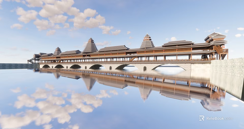 Traditional Multi Arch Bridge With Pagoda Roofs Over Water And Cloud Reflections 3d model 