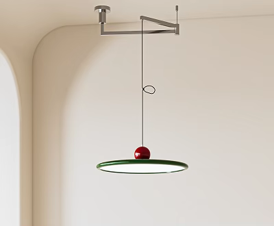 Modern Pendant Light With Green Circular Ring Red Spherical Accent And Metal Hanging Bracket 3d model