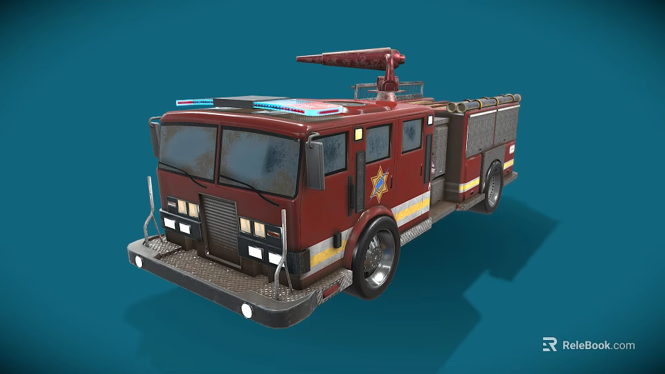 Red Fire Truck With Emergency Lights Ladder And Emblem Design 3d model 